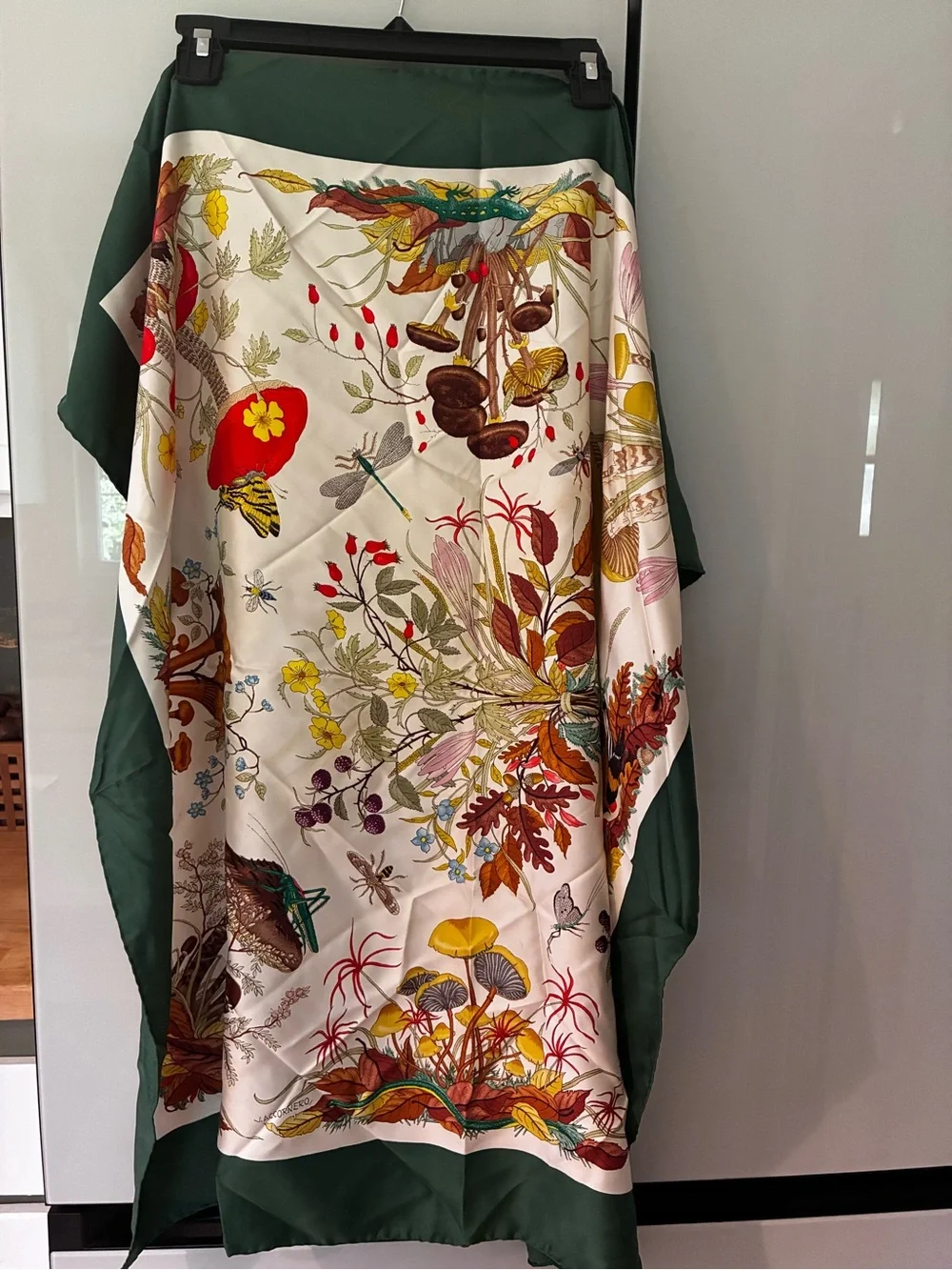1960’s vintage Gucci Green Botanical Print Silk Scarf, xl 34”